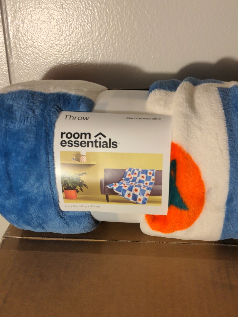 Room Essentials Blue, White and Orange Plush Throw Blanket